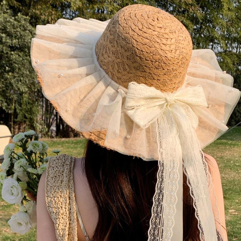 Summer Bow Sun Hat Women's Beach Pearl Sun Hat Outdoor Big Brim Sun Hat Sweet Straw Hat
