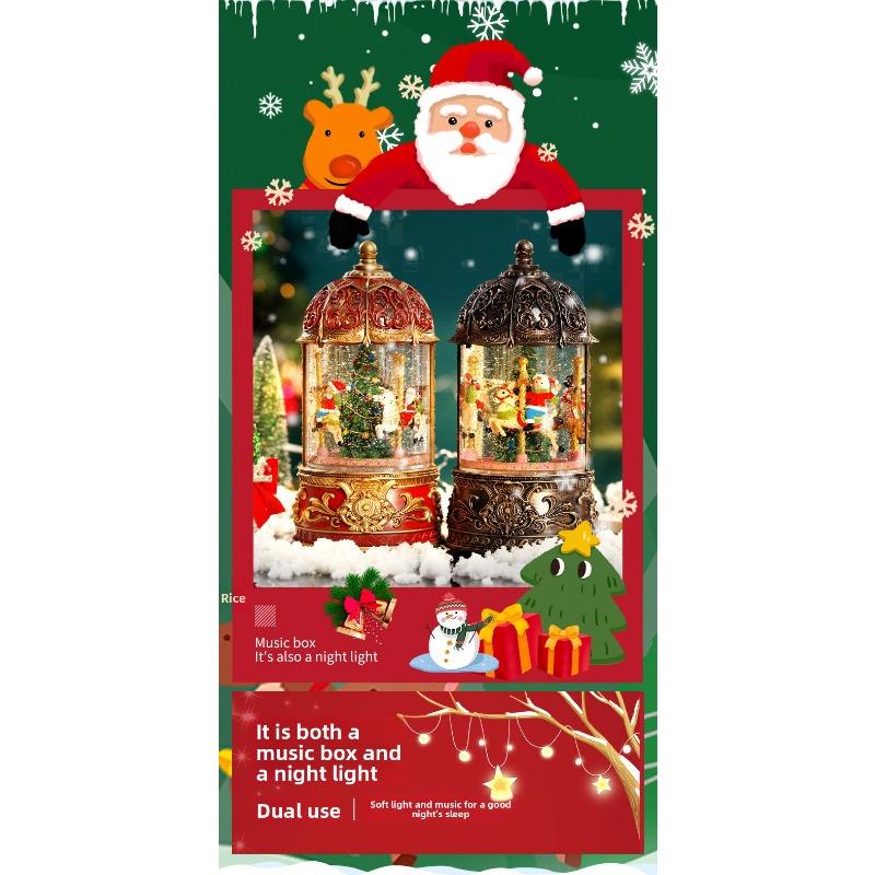 Retro Christmas Carousel Santa Claus Tree Music Box with Crystal Ball Snow Children's Birthday Gift Wooden Music Box