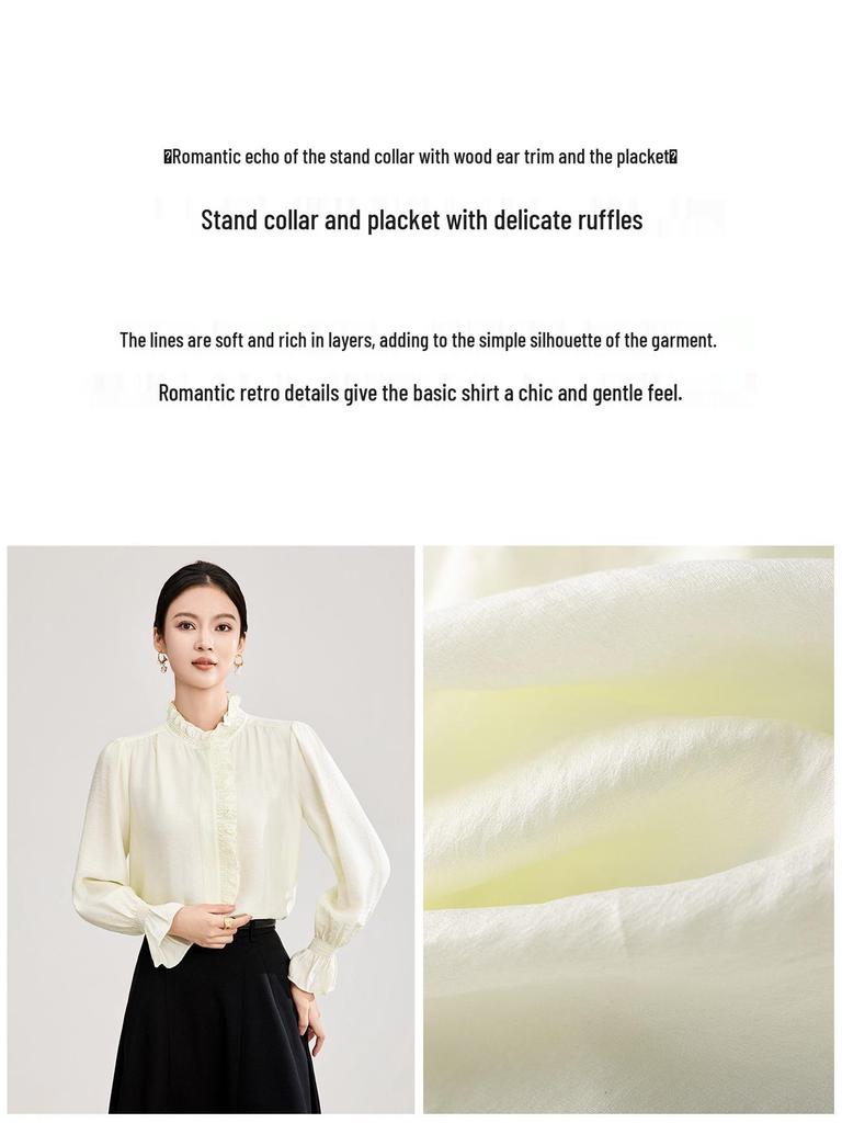 Nanyou Hofstil Tencel-Hemd: Damen Elegantes Krepp-Gefühl, Holzohr-Rand, Stehkragen, Frühlings-Oberteil