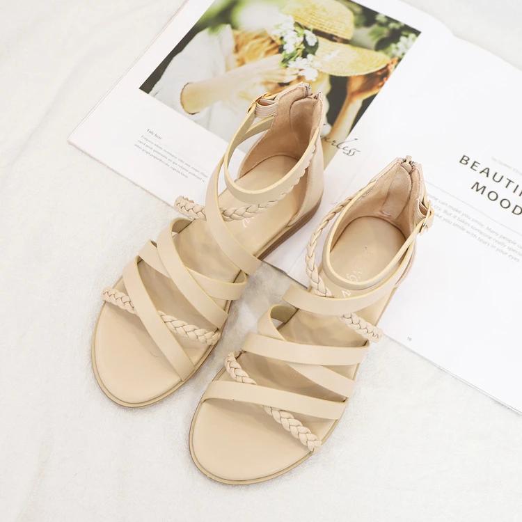 Fashion New Bohemian Style Woven Roman Sandals Women's Summer Casual Flat Bottomed Minimalist Beach Vacation Rivet Thin Band Sandals 42
