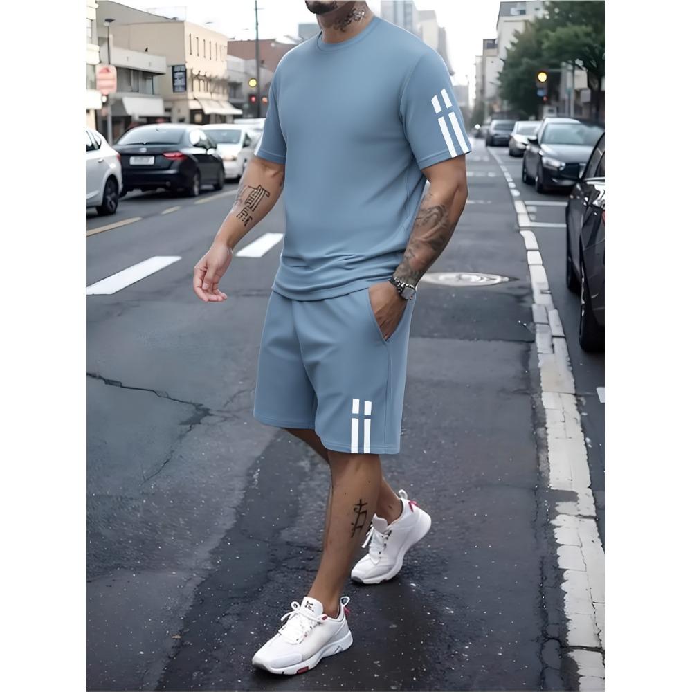

Solid Color Stripe Sports T-shirt And Shorts 2-piece Set Men s Quick-drying Short Sleeve Tee Side Pocket Drawstring Shorts Suit 6XL