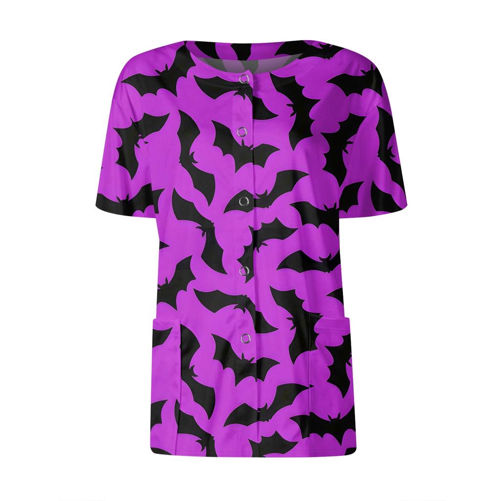 Women's Short Sleeved Patterned Pockets, Work Print Stand Up Collar, Single Breasted Protective Clothing, Cardigan Jacket, Top