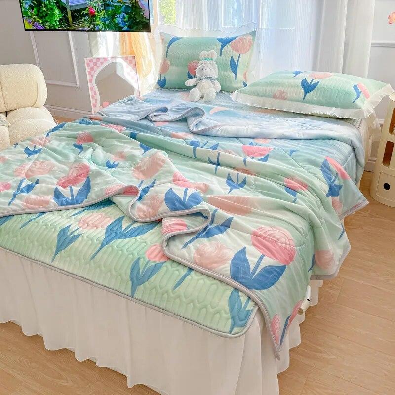 Letnia Cienka Kołdra Chłodna Pościel z Falbaną i Poszewką na Poduszkę Zestaw Pościeli Rozmiar Queen Kołdra Ochraniacze na Materac Pokrowce Narzuta