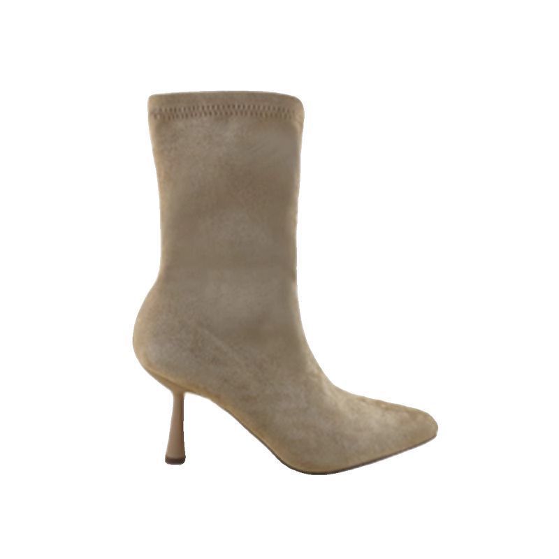 High-heeled short boots woautumn winter thin-heeled medium-tube thin boots small square head thin temperament suede elastic boots