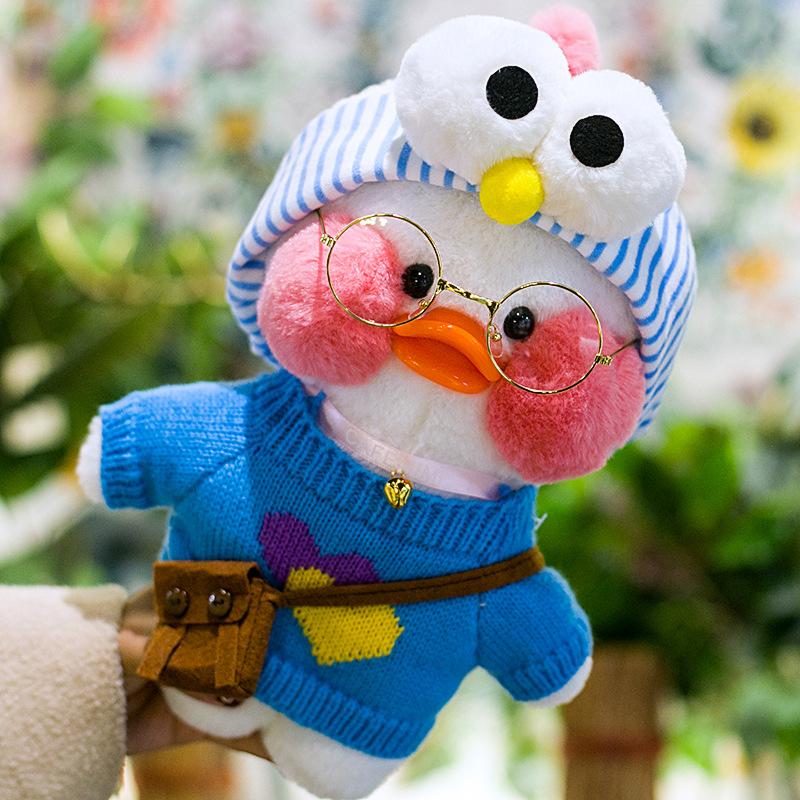 Cafe Duck, 30 cm, kleine gelbe Ente, süßes Kissen, Plüschtier, ausgestopfte Puppe mit Brille und Kleidung, süßes Cartoon-Spielzeug