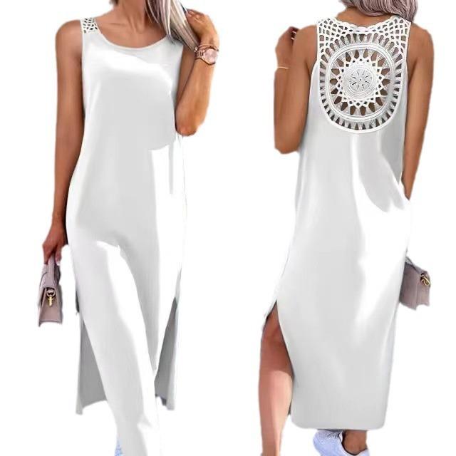 European and American Style Foreign Trade Women's Clothing Lace Hollow Strap Dress Sleeveless Slit Vest Skirt Over the Knee Medium and Long Skirt