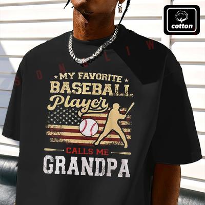 Men's Cotton T-Shirt My Favorite Baseball Player Calls Me Grandpa Us Flag Moto Tshirt Men's Cas