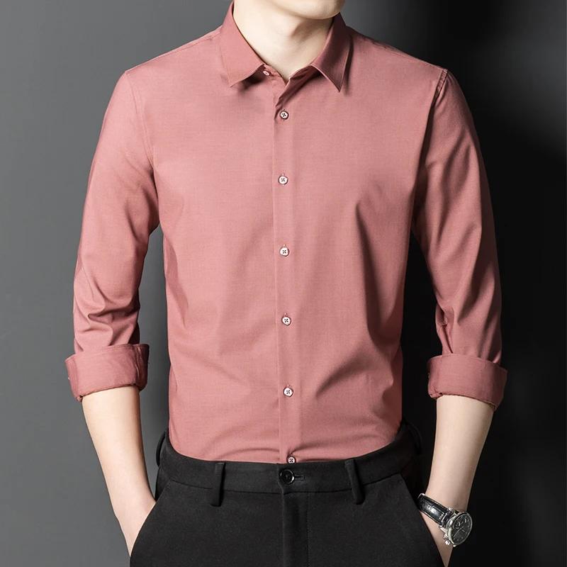 Bamboo Fiber solid color elastic long-sleeve shirts for men slim fit formal plain shirt england style white shirt office clothes