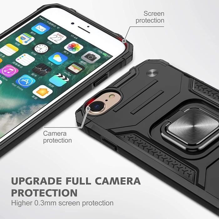 Coque pour iPhone 8/7 - Housse de Protection - Antichoc - Anneau Métallique Rotatif - Noir
