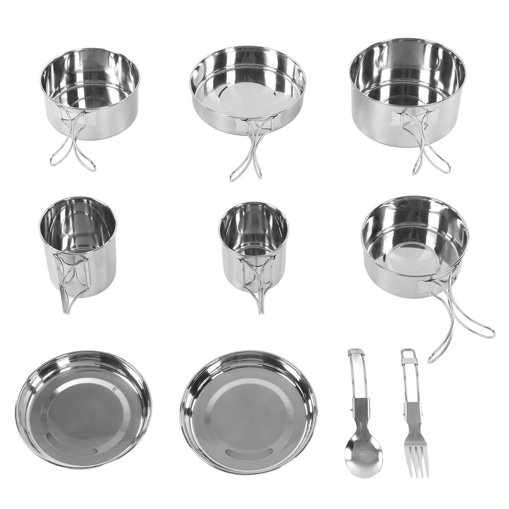 12 Pcs Camping Cookware Set Folding Handle 304 Stainless Steel Portable Picnic Cooking Pot Cup Set