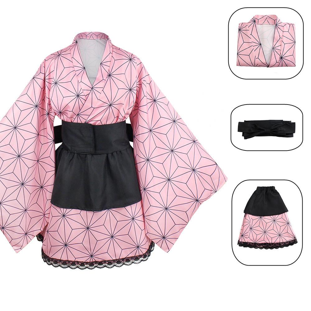 

Slayer Kamado Demon Tanjirou Agatsuma Zenitsu Kamado Nezuko Cosplay Dress Maid Pink,XS