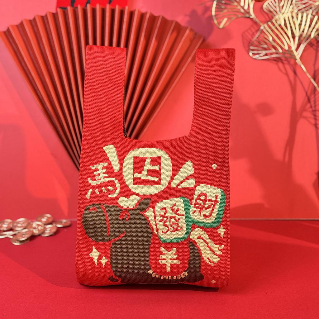 2026 Horse Year Cartoon Mascot Pony Knitted Gift Bag Handheld Candy Bag Mini Knot Wrist Bag Cute Tote Bag Reusable Shopping Bags