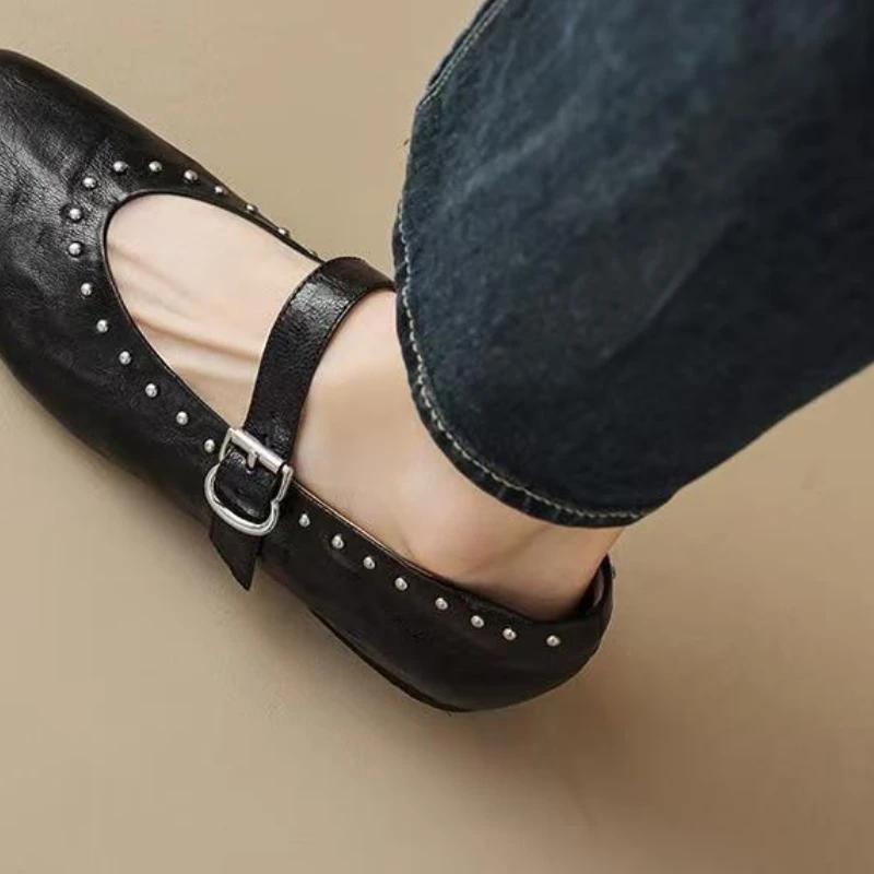 2024 Brand Shoes for Women One-word Buckle Women's Flats Spring Square Toe Solid Rivet Shallow Mouth Dress Mary Jane Shoes
