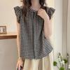 Black White Plaid Ruffled Sleeveless Blouse Round Neck Shirt Casual Daily Top For Women