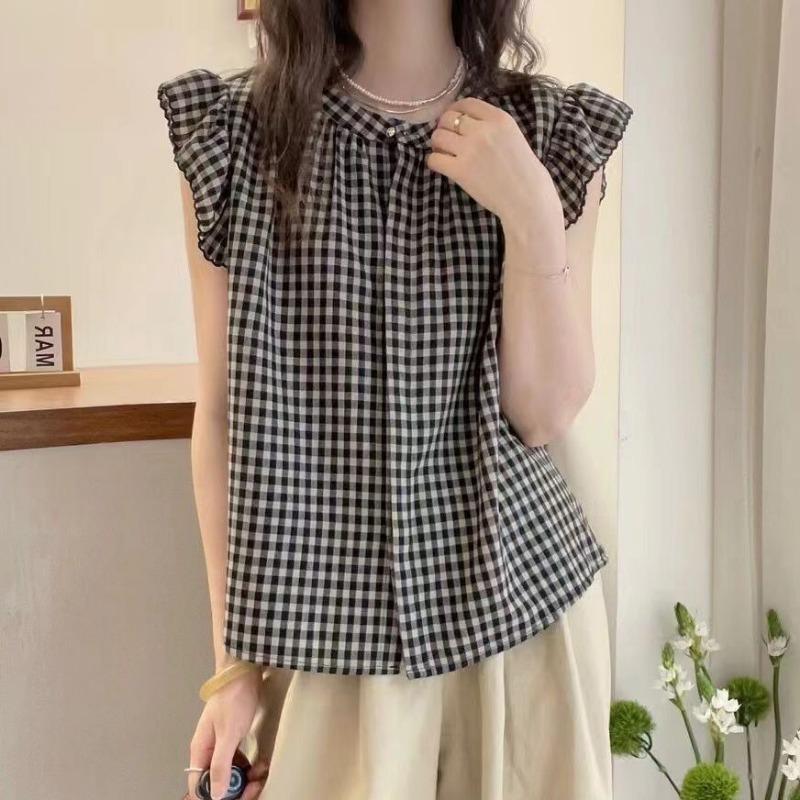Black White Plaid Ruffled Sleeveless Blouse Round Neck Shirt Casual Daily Top For Women