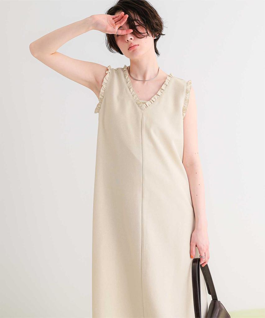 Frill Design Sleeveless Dress AHXN2376 L Ivory [Titivate] Linen-like V-neck Women's