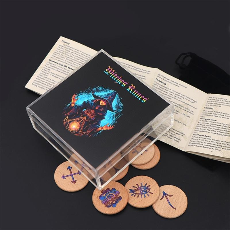 Hand Carved Wooden Runes Symbols Set Divination Runes Stone with Instruction and Storage Bag Heal Gift Decoration