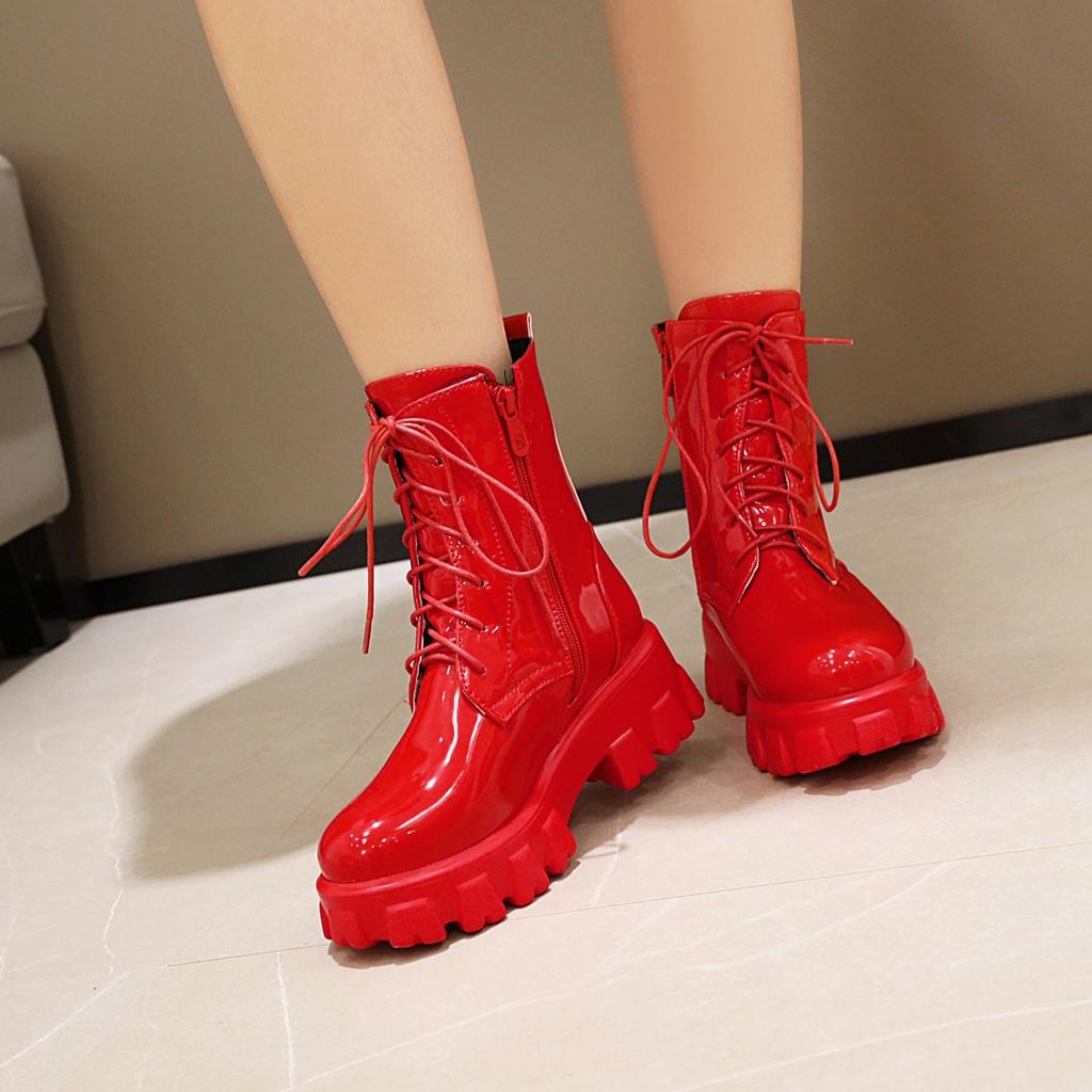 Women Boots Patent Leather Platform Shoes Ankle High Heel Boots Women Autumn Winter Warm Platform Boots