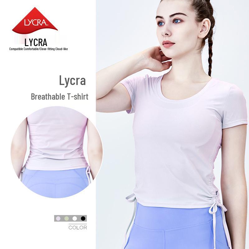 

2023 Women s High-End Lycra Quick-Dry Short-Sleeve T-Shirt with Side Drawstrings, Sporty & Breathable Yoga Wear S світло-жовтого кольору