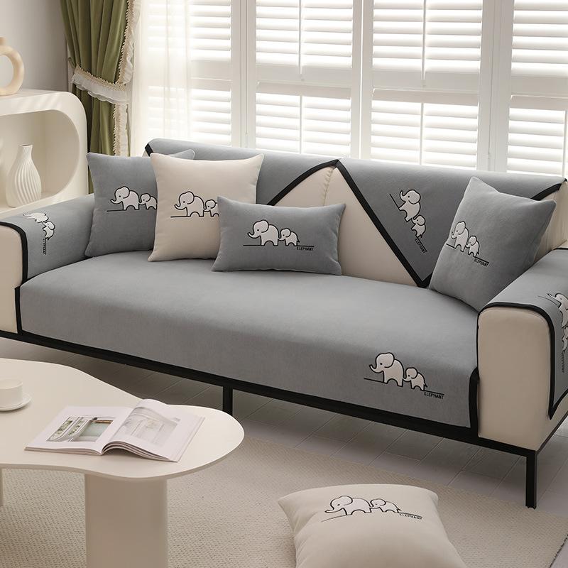Panda Embroidered Sofa Cushion Chenier Four-Season Universal Non-Slip Sofa Cover, High-Grade Seat Cushion Leather Sofa Back Towel
