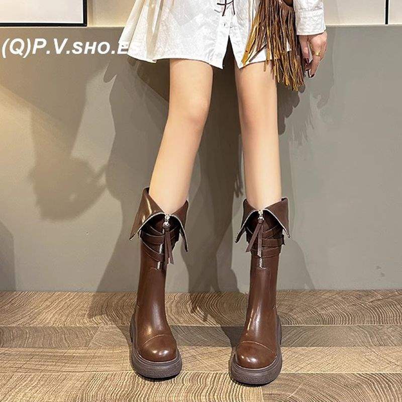Boots Women's 2025 Autumn and Winter Platform Tall Knight Boots Retro Fashion Boots Maillard Boots Medium Boots