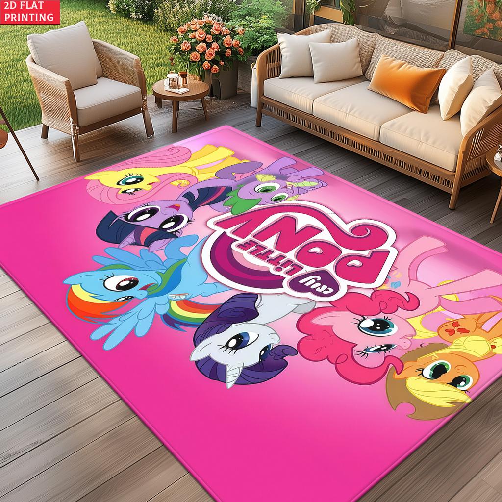 Cute Cartoon Pony Area Rug, Pink Character Group Theme Non-slip Mat, Decorative Carpet for Kids Girls Bedroom, Washable Gift