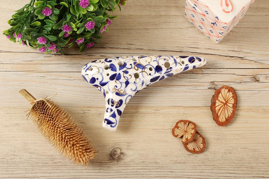 TNG Ocarina Instrumento Musical Luxo Único Ocarina Vento Vento Acabamento Esmaltado Flor Azul Porcelana [Soprano/C Key/SC/12 Furos/Branco e Azul]