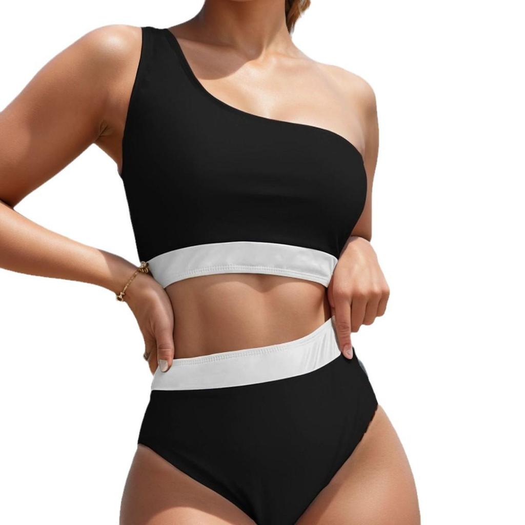 2024 European & American Color Block One-Shoulder High-Waist Bikini Swimwear