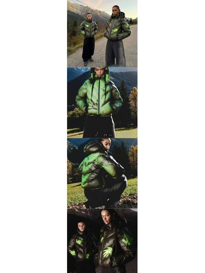 Nepromokavá péřová bunda s kapucí v přechodovém stylu s technologií citlivou na teplotu