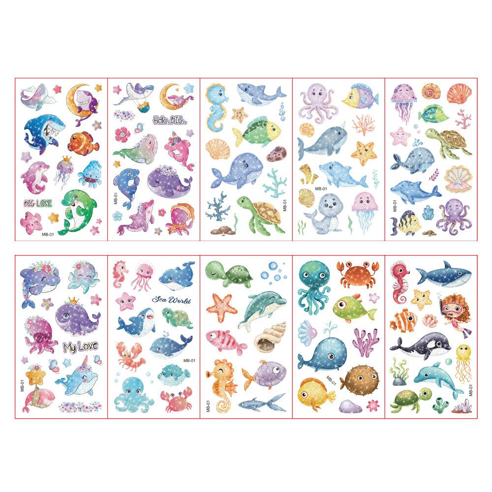 10 Fogli/Set Tatuaggi Adesivi Colorati con Polvere Glitterata Cartone Animato Animale Unicorno Principessa Veicolo Tatuaggio Temporaneo Finto per Bambini