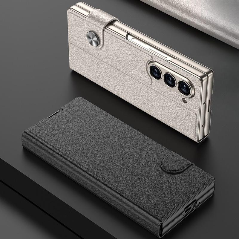 Magnetic Buckle Card Holder Flip Phone Case + Film for Samsung Galaxy Z Fold 7 Zfold 6 Wireless Charging Leather Thin Hard Cover