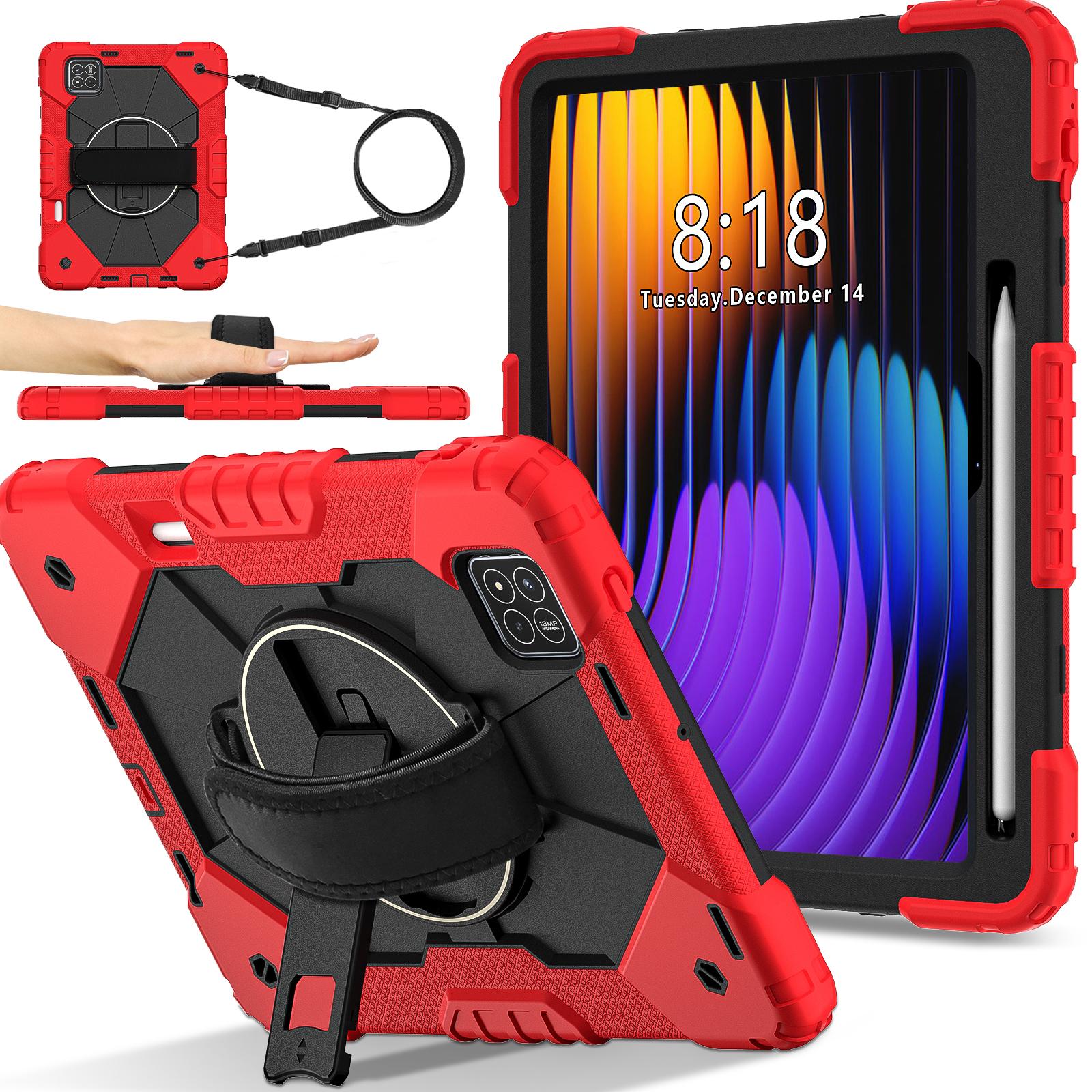 

For Xiaomi Pad 7 Pro/Pad 7 Case Silicone+PC Kickstand Tablet Cover with Handy Strap Red/Black
