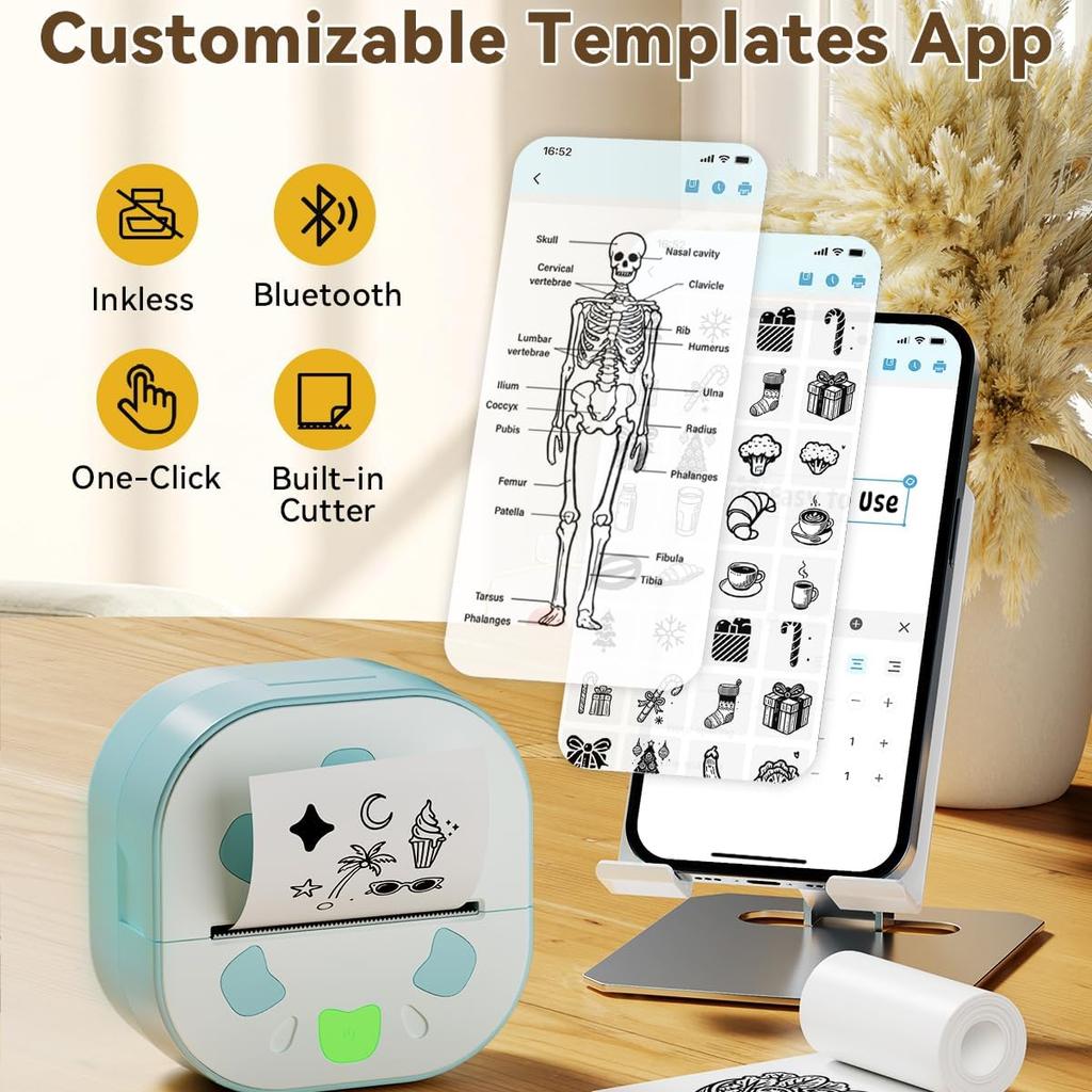 Bluetooth Portable Mini Thermal Printer No Ink For DIY Stickers Labels Receipts Work Plans For IOS Android Devices Includes 3 Rolls Adhesive Paper