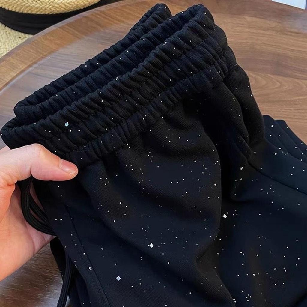 Pantaloni a vita alta a gamba larga in seta ghiacciata con motivo a stelle - Lunghezza fino al pavimento per uso casual/sportivo