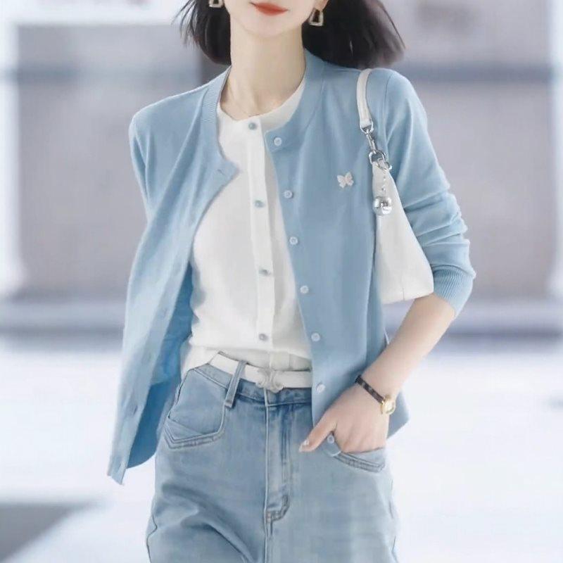 

Женский вязаный кардиган двойка большого размера синего цвета - 2025 Свободный приталенный топ с длинным рукавом