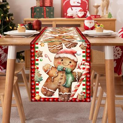 1 Piece Of Christmas Gingerbread Man Table Runner, Painted With Gingerbread Men, Candy Canes And Other Christmas Elements On A Colorful Background, Su