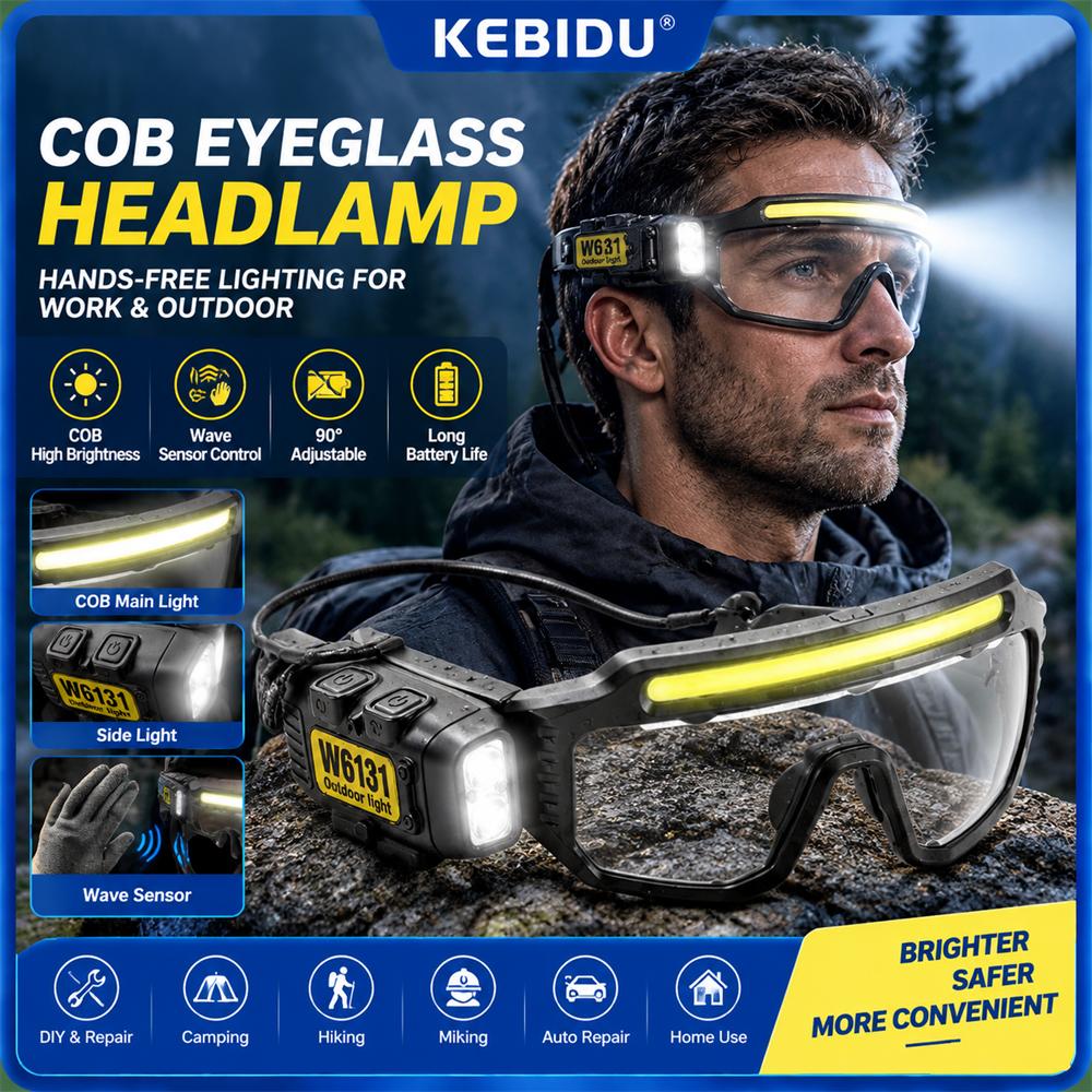 KEBIDU LED Safety Goggles Smart Motion Sensor Work Light Dual Light Source Type-C Rechargeable Protective Glasses Headlamp