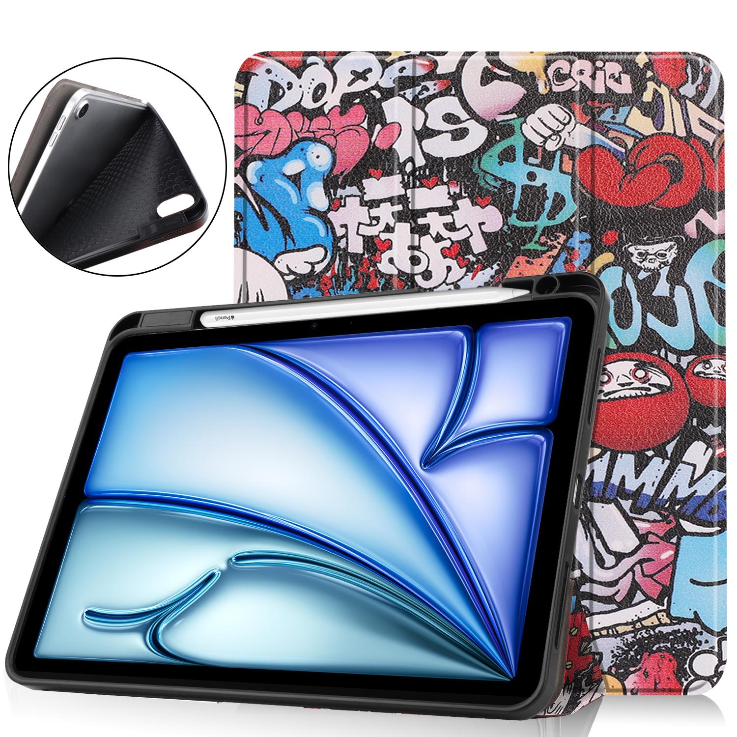 

For iPad Air 11 (2025)/(2024) Tablet Case Pattern Printing Tri-Fold Stand Leather+TPU Cover with Pen Holder Graffiti