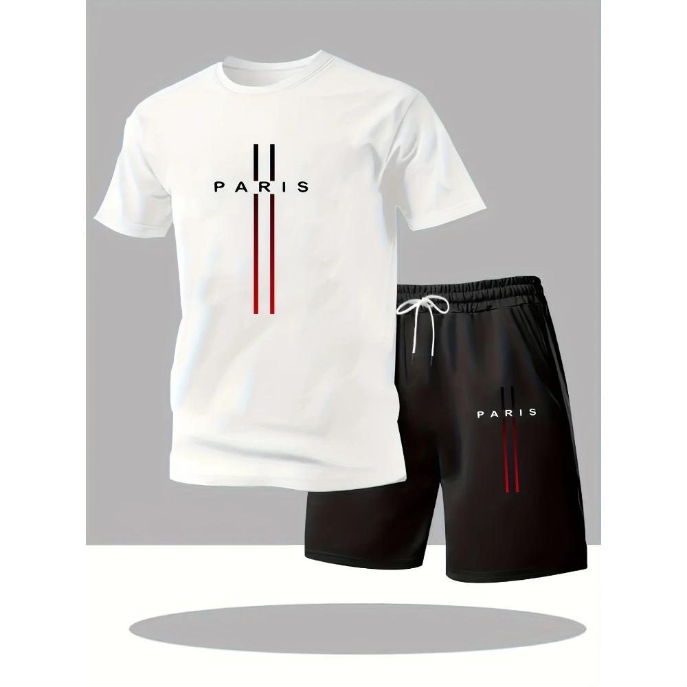 Men s Summer T-Shirt and Shorts Set Casual Relaxed Fit Sporty Crew Neck Short-Sleeve T-Shirt Paris Letter Print Two-Piece Set S