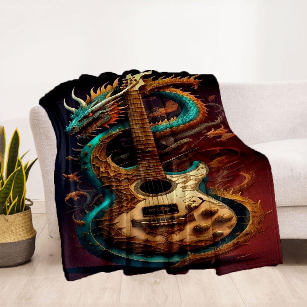 Dragon Guitar Art Print - Fantasy Music DecorBlanket Flannel Throw Blanket for Sofa, Bed, Travel, Camping, Office