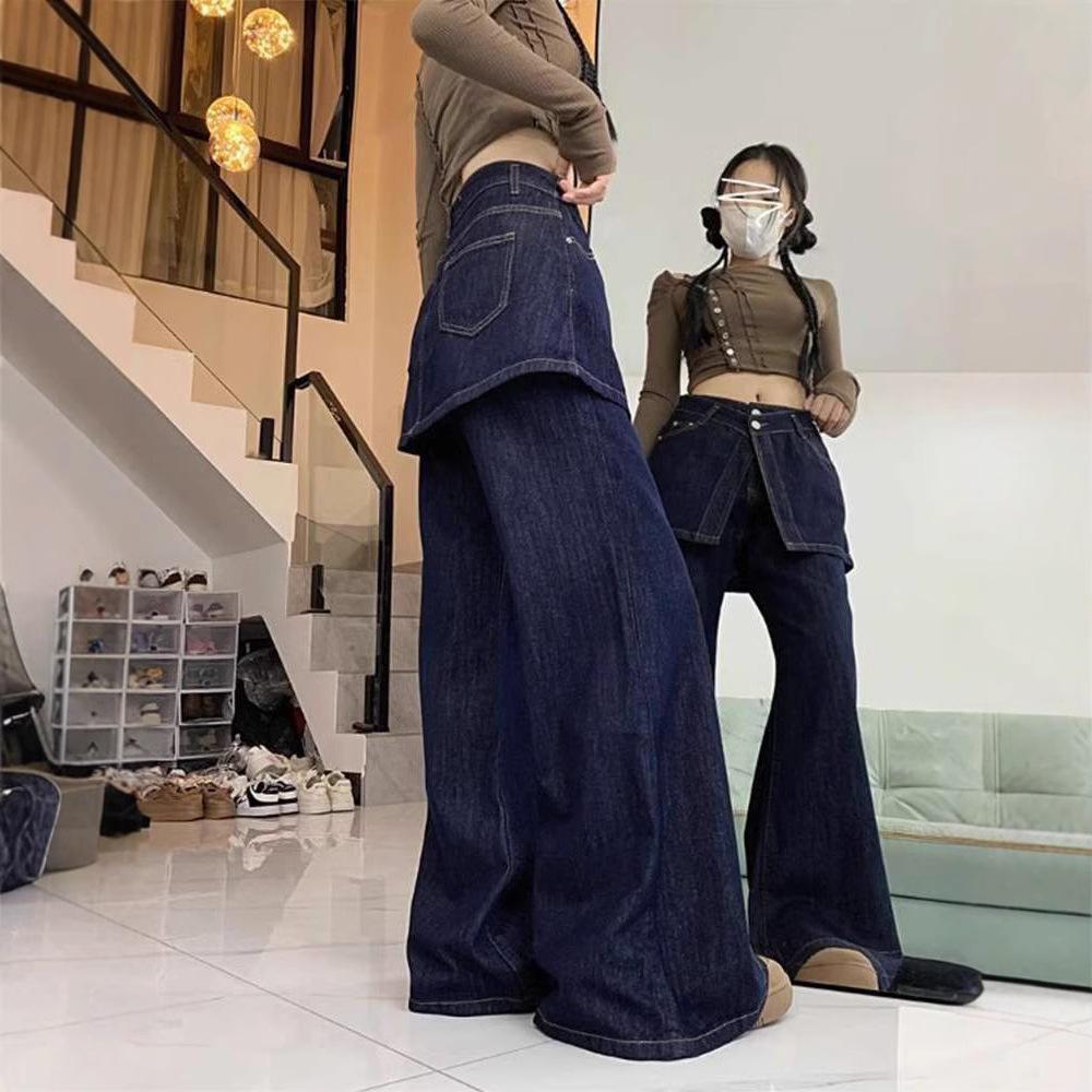 Two-piece Jeans for Women In Autumn New American Retro High Waist Drooping Wide-leg Floor Trousers
