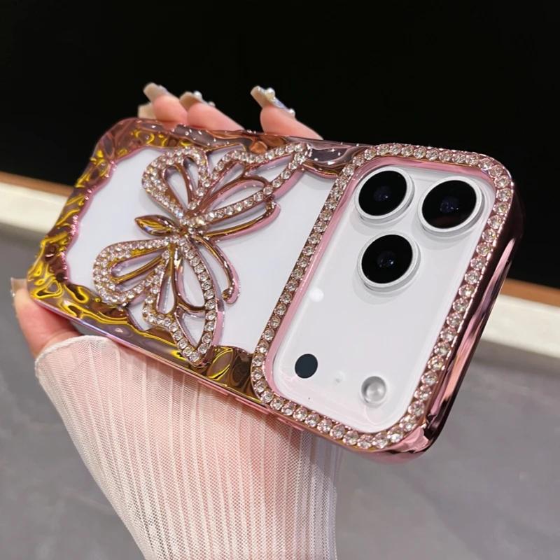 Luxury TPU Plating Diamond Butterfly Phone Case For iPhone 17 16 15 14 13 12 11 Pro Max Plus Shockproof Hollow Out Hard Cover