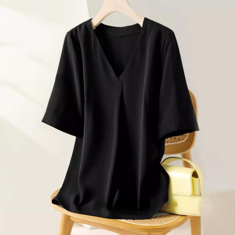 Letní top s výstřihem do V z šifonu pro ženy, volná halenka s krátkým rukávem s elegantním řasením