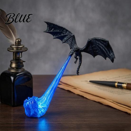 Unique Bookshelf Ornaments Dragon Nook Light 3D Printed Fire-Breathing Fantasy Shelf Decor with Flame Flying Desk Figurine Base Figurine Halloween
