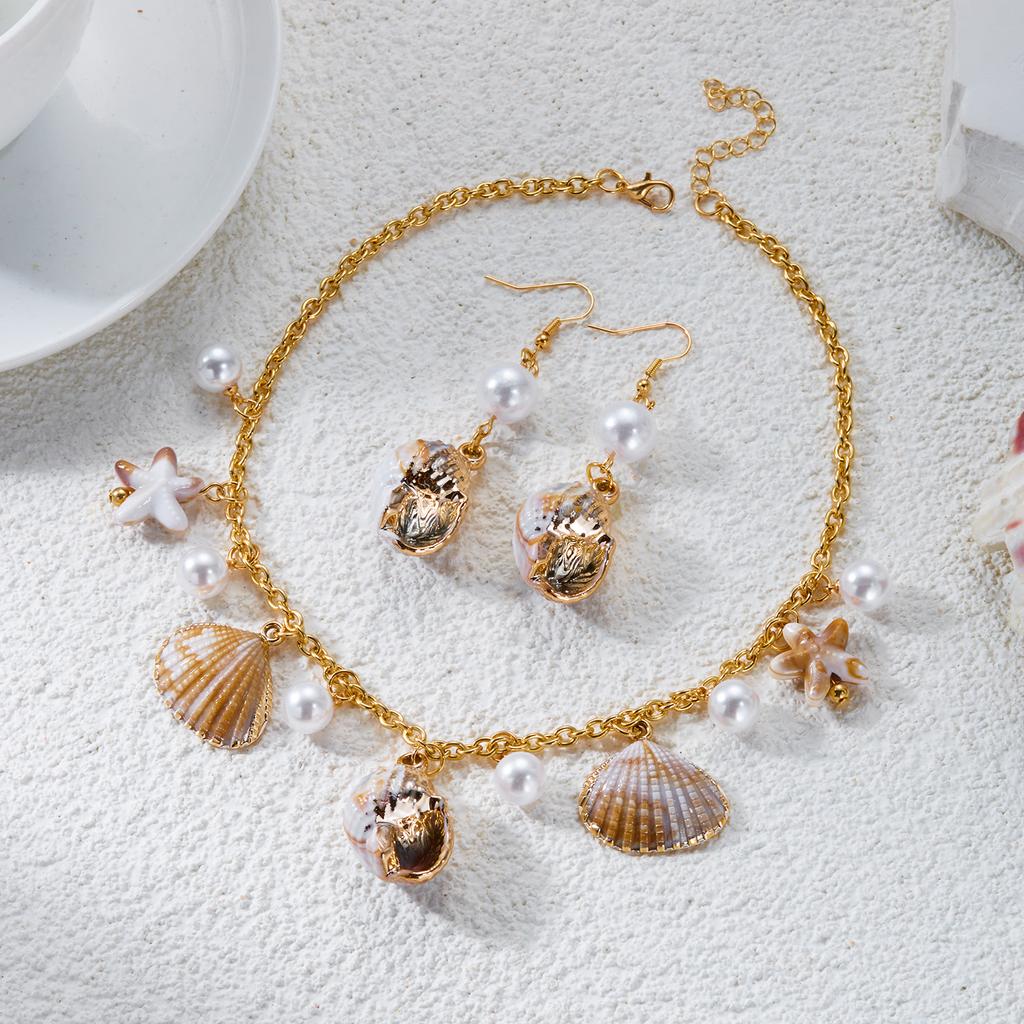 Boho Ocean Theme Jewelry Set for Women Metal Starfish Conch Imitation Pearl Pendant Earrings Necklace Beach Party Jewelry Gifts