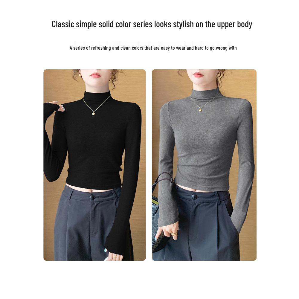 Stilvolles Damen-Basisschicht-Oberteil mit mittelhohem Kragen aus Samt für Herbst/Winter - Verdickt, Enganliegend mit gebürsteter Oberfläche