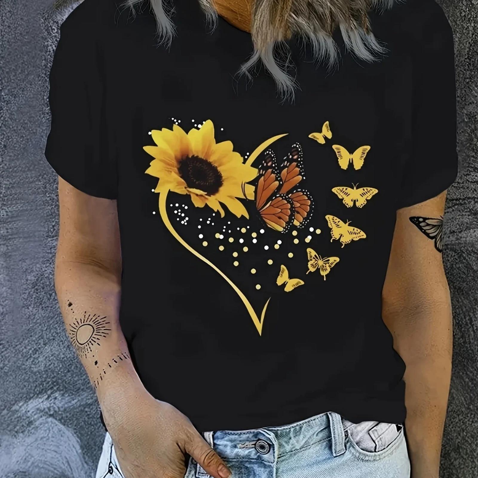 

Butterfly Sunflower Heart Design Print Women Short Sleeve Women s Casual Crew Neck T-Shirt Women Clothes XXXXXL чорний