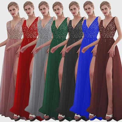 2025 Pink Embroidered Sequin Deep V Evening Gown