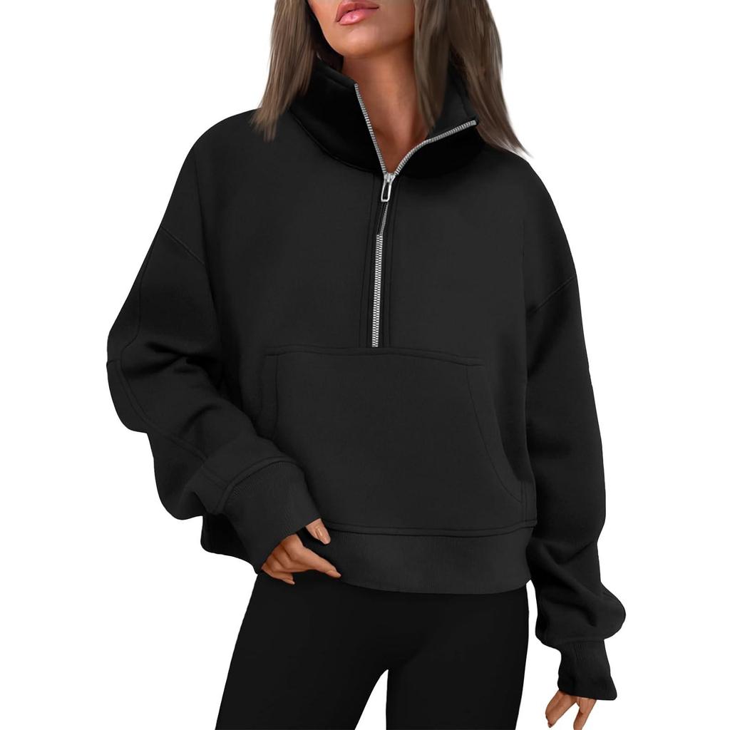 Damen Stehkragen Plus Fleece Einfarbig Langarm Tasche Lockerer Halb-Zip Pullover Hoodie Top