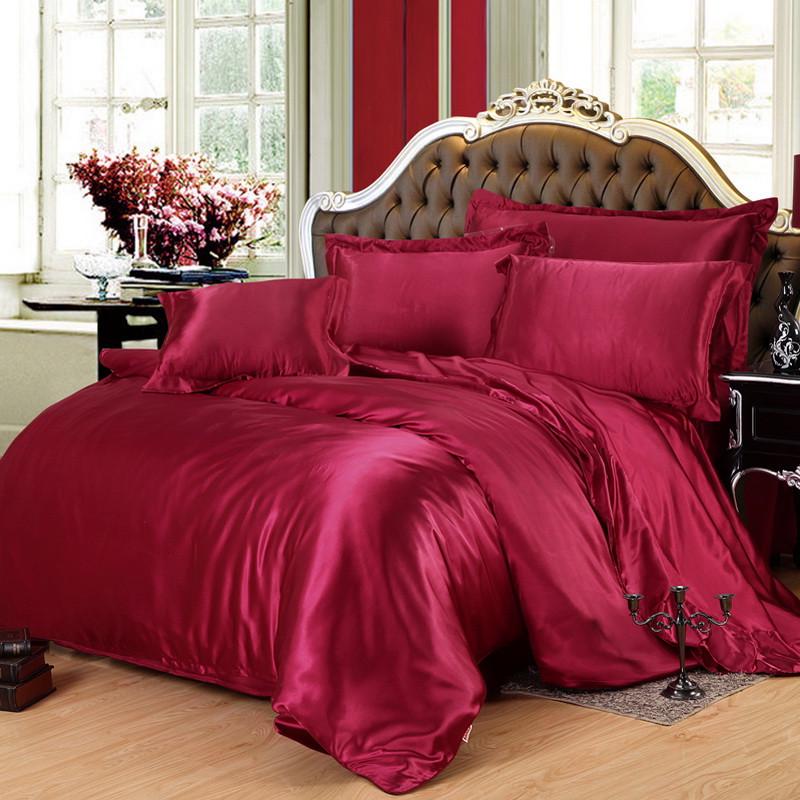 Red Wedding Four-Piece Set: Imitation Mulberry Silk Duvet Cover and Bed Sheet in Solid Color, Double Size, Faux Tencel Tribute Satin.